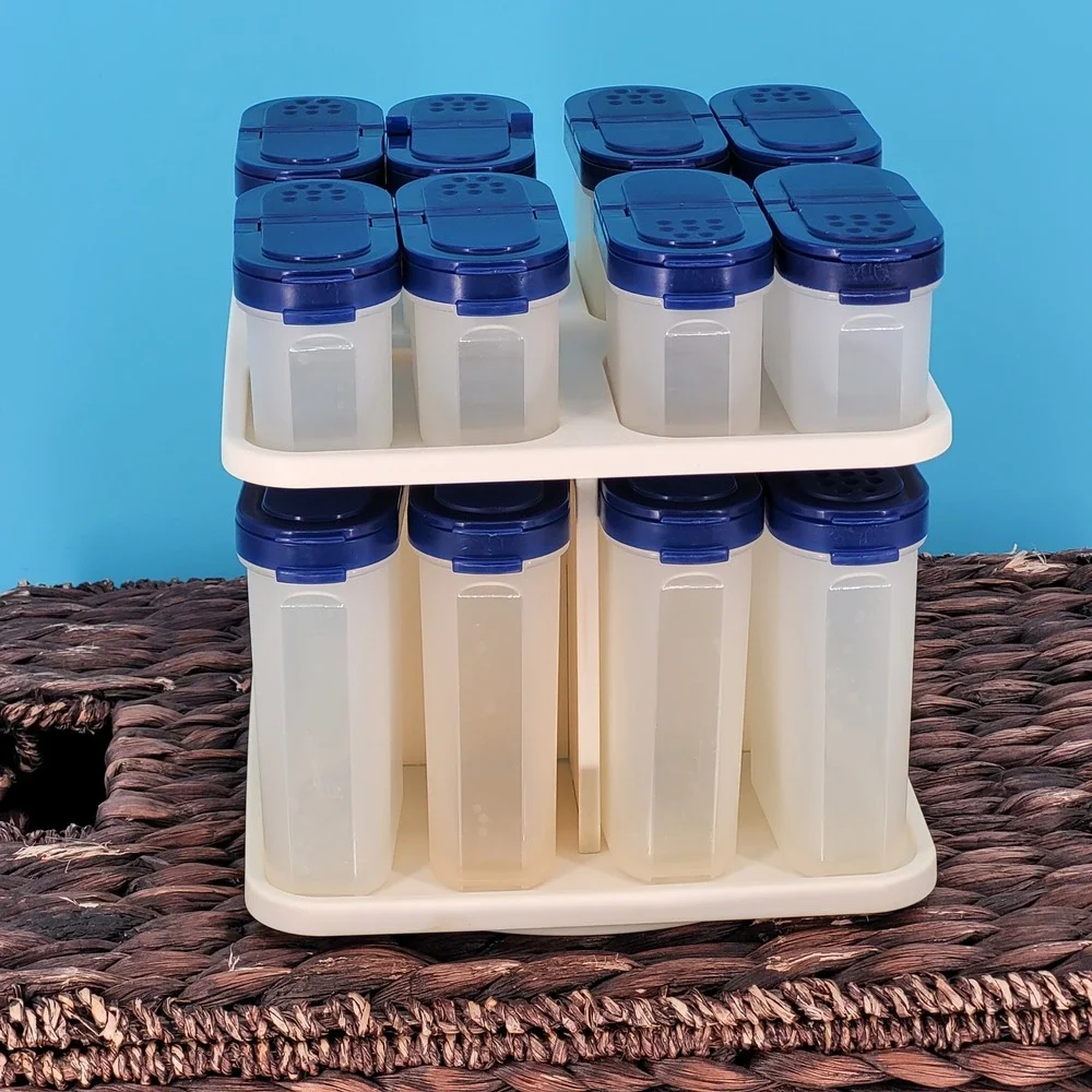 Tupperware Modular Mates Spice Carousel Rack 16 Shaker Containers Blue vintage